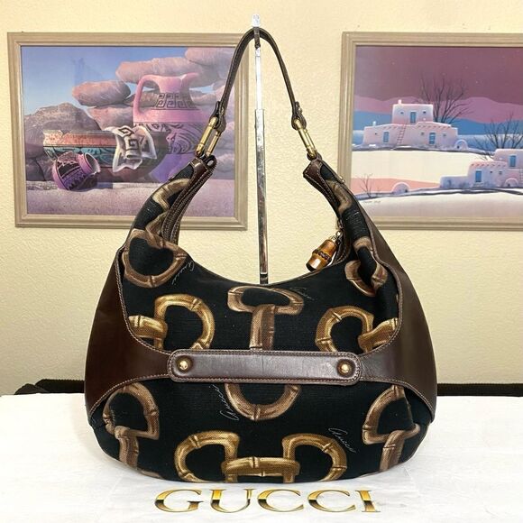 GUCCI Horsebit Canvas Leather Hobo Bag 💼 Brown/Black - Picture 5 of 16